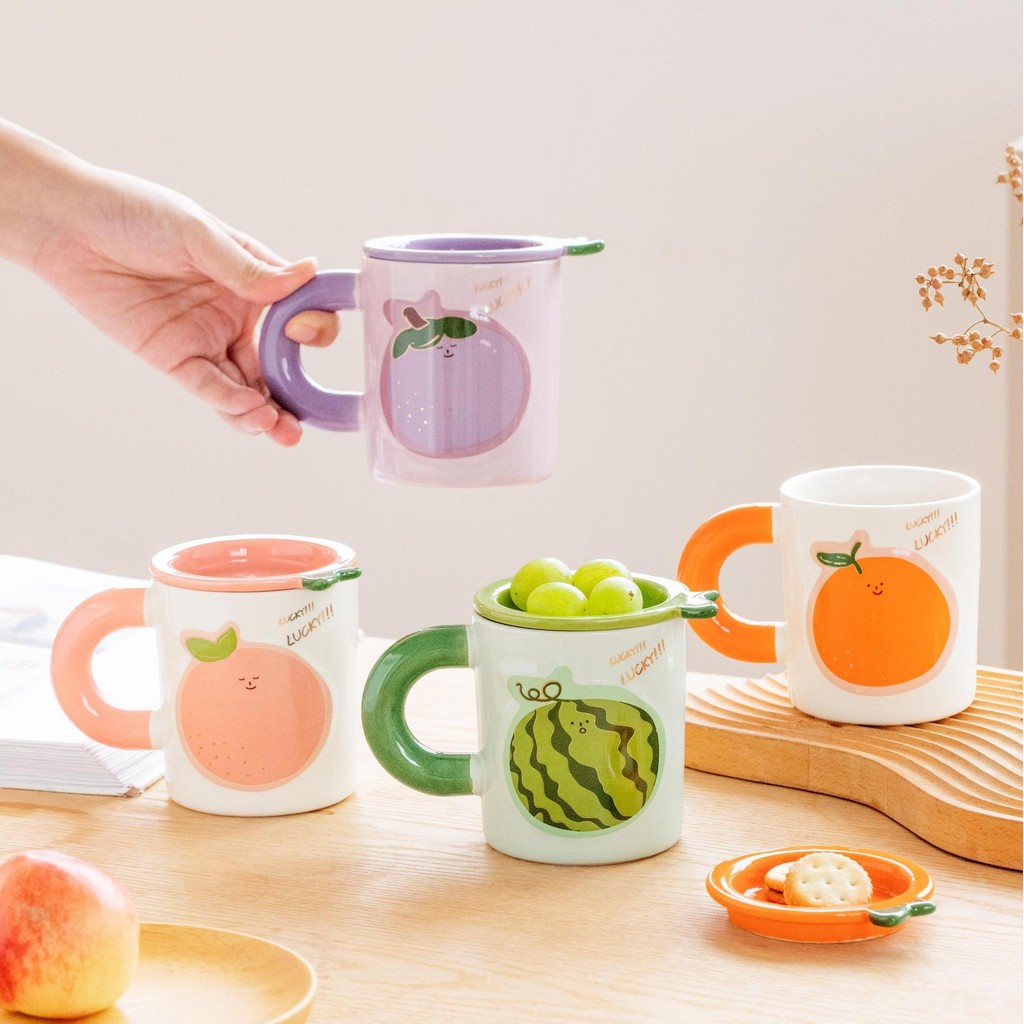 Ly Sứ Hình Trái Cây Có Nắp Dung Tích 360ml - Cốc Decor Dưa Hấu Cam Dễ Thương