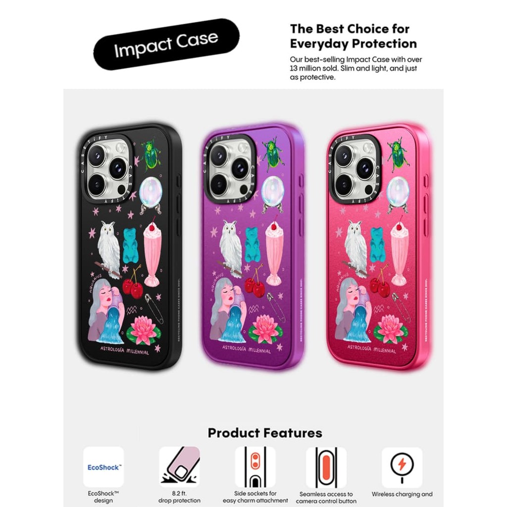 CASETiFY X Astrología Millennial Aquarius Case Matte Black Matte Purple Matte RosePink Clear Hard Case Impact Case cho Apple IPhone 13 14 15 16 Pro Max có hộp