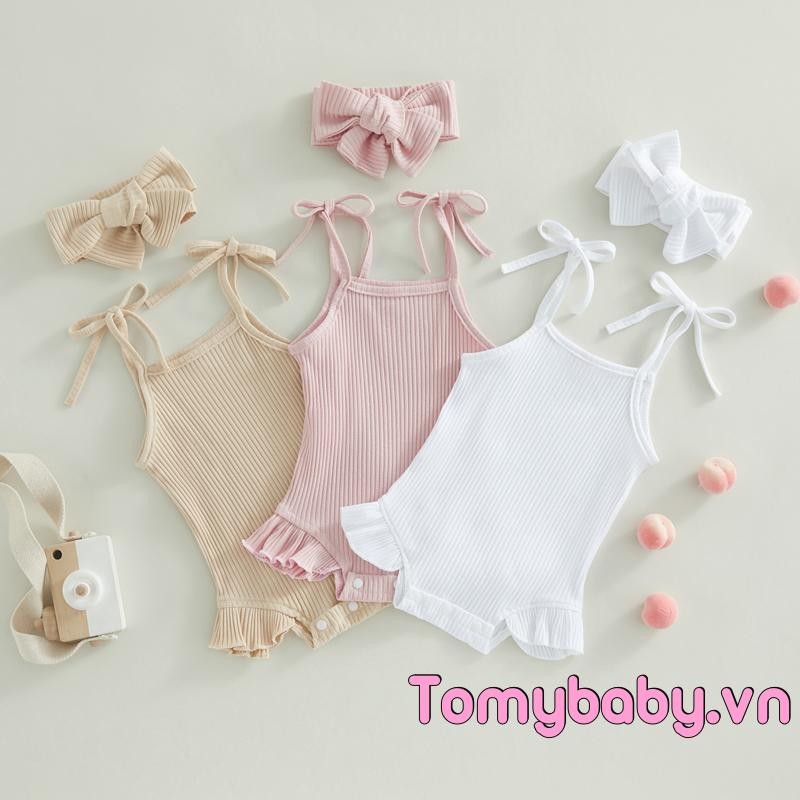 Bộ đồ liền thân không tay có dây buộc và xếp nếp đan gân cho bé gái kèm băng đô