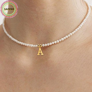 Safenh Thép không gỉ Ban Đầu Chữ Mặt Dây Chuyền Vòng Cổ Mô Phỏng Ngọc Trai Đính Hạt Xương Đòn Dây Xích Dành Cho Nữ Thời Trang Đơn Giản Choker Trang Sức VN