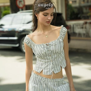 Áo Trễ Vai Tay Ngắn Cài Nút Thắt Nơ Linen Sọc Augety Studio, JOSIE Top