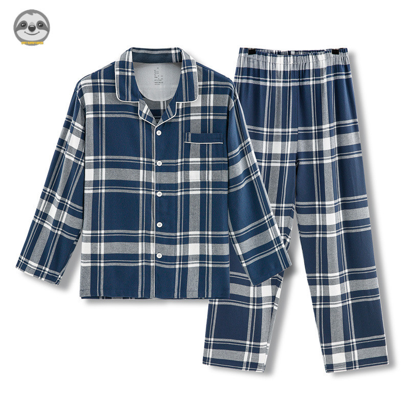 Phong cách Nhật Bản Phong cách Muji / Đồ ngủ Flannel kẻ sọc rộng / Bộ đồ ngủ cặp đôi Cotton / Đồ ngủ kẻ sọc mềm mại thoải mái