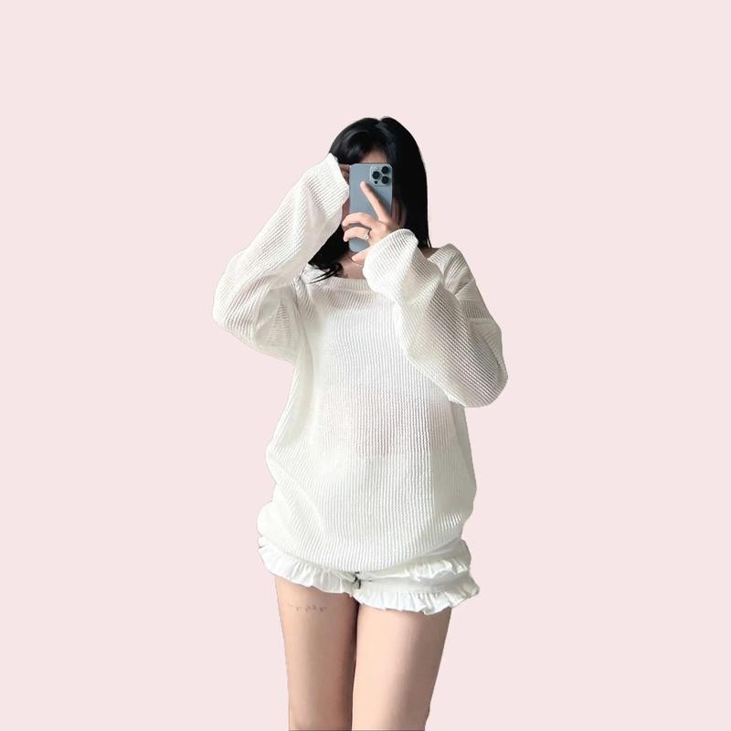 Set áo trễ vai lưới tay dài form rộng kèm áo hai dây trong- A368