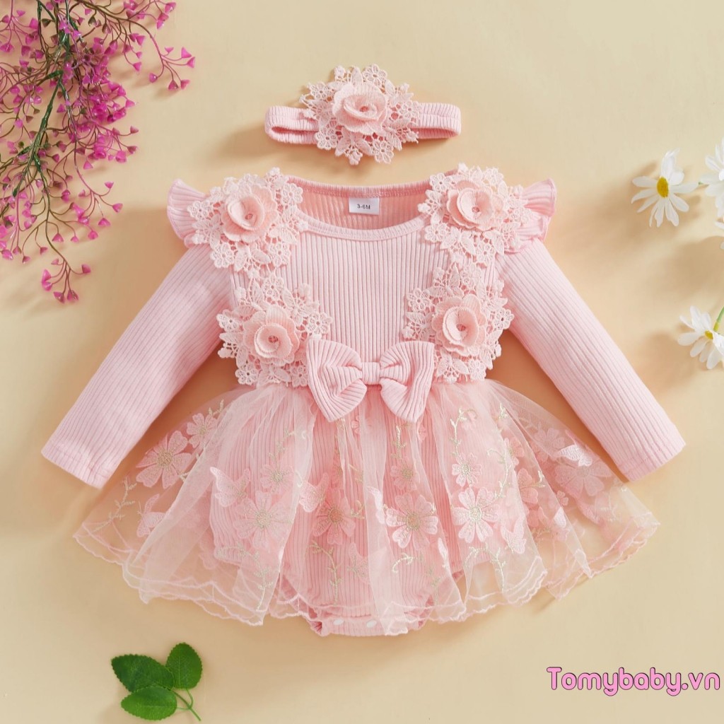 Bộ áo liền quần lưới ren chắp vá dài tay cho bé gái + Băng đô dễ thương