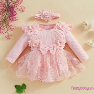 Bộ áo liền quần lưới ren chắp vá dài tay cho bé gái + Băng đô dễ thương