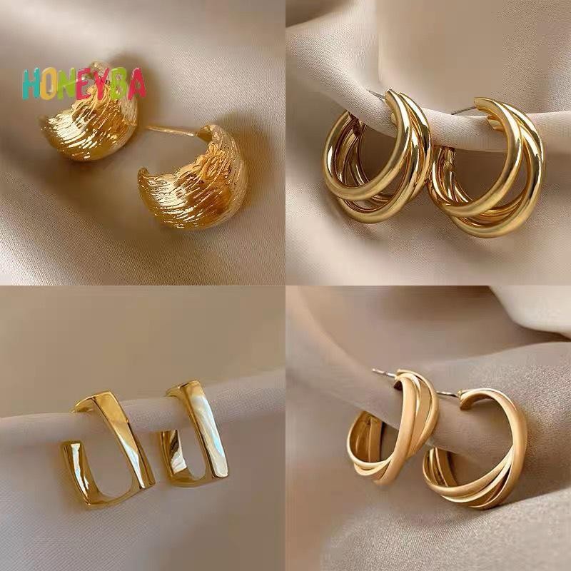 < Honeyba > 1 Đôi Bông Tai Bông Tai Hình Học Phóng Đại Kim Loại Cho Nữ Cô Gái Tính Khí Thời Trang Trang Trang Sức Dự Tiệc Phụ Kiện Đơn Giản