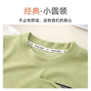 (6m-8Y) Bộ trang phục bé trai 2 món Waffle Cổ tròn tay ngắn thêu chữ + Quần Short lưng co giãn Quần áo thời trang thông thường