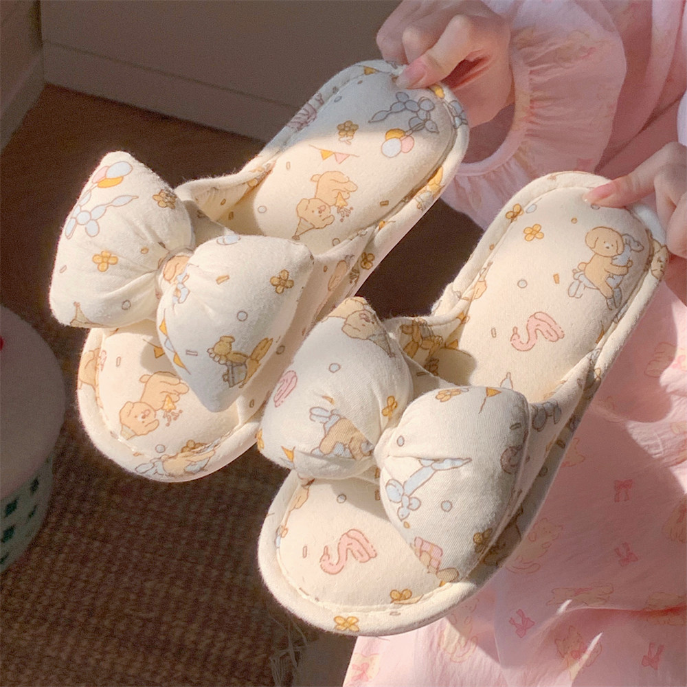 Xixitiao Dép Đi Trong Nhà Gấu Nơ Dễ Thương Vải Lanh Cotton Hút Mồ Hôi Thoáng Khí Giày