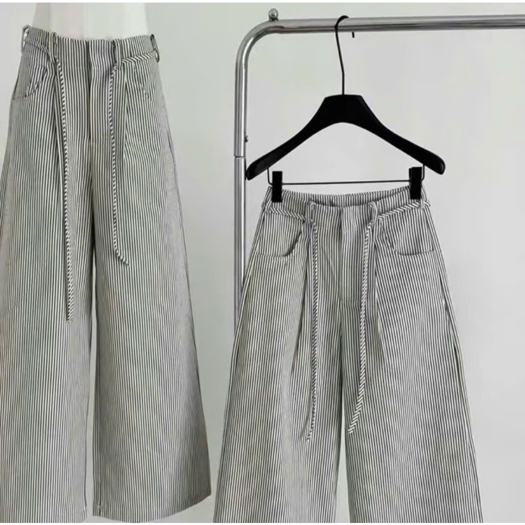 Quần Kẻ Sọc Nữ Mix Dây Eo phong cách (Chất Kaki Jean) Dày Dặn Lưng Cao Tôn Dáng Mặc Thoải Mái