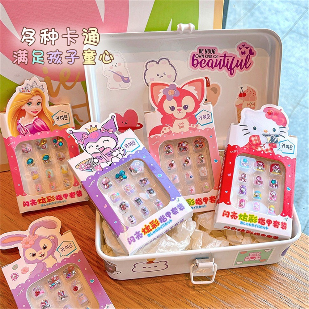 Combo 6 hộp móng tay giả Nail hoạ tiết hoạt hình Kuromi Kitty Cinamoroll xinh xắn có sẵn keo dính cho bé gái
