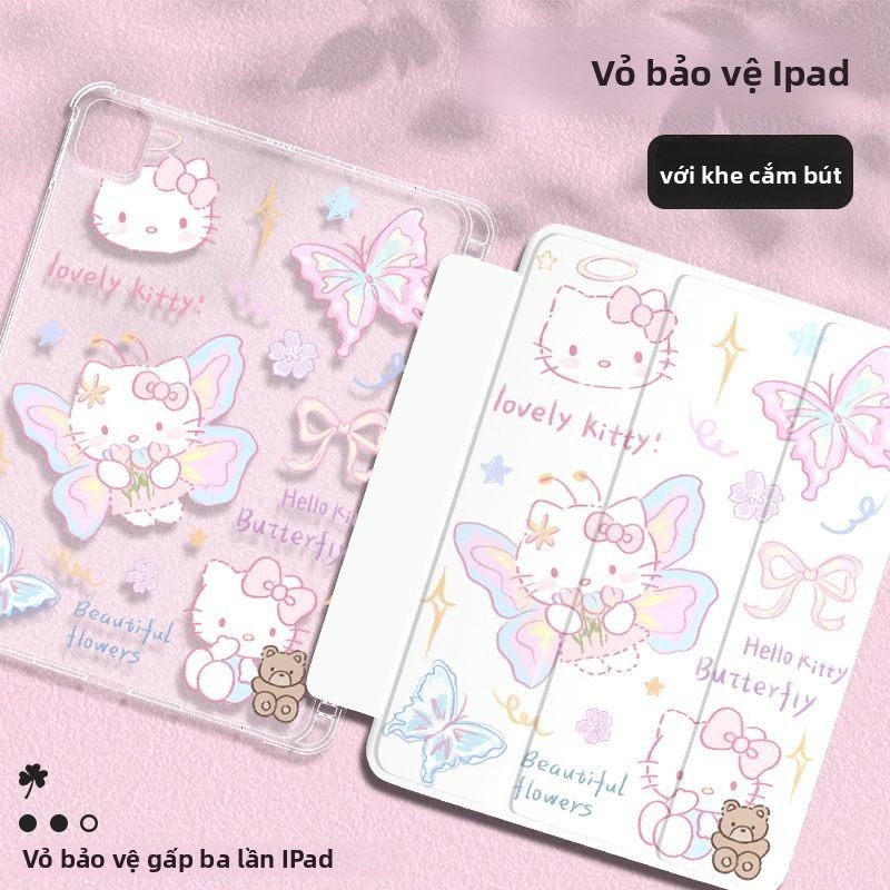 Ốp Bảo Vệ Cho iPad 2024air6 Pro11 Air4air5 10.9 air310.5 Thế Hệ Thứ 102022Mini4 / 5 / 6 8.3 Air1 / 2 9.7gen7gen8gen9 10.2Hello Kitty Túi Khí Gấp Ba Vỏ Máy Tính Bảng Có Khe Cắm Bút