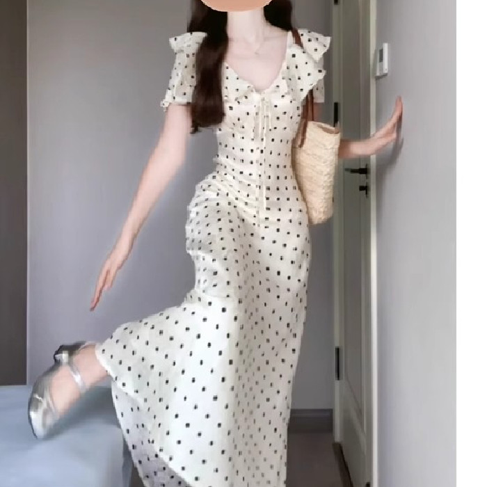 Đầm tay phồng chấm bi kiểu Pháp cho phụ nữ, kỳ nghỉ hè bãi biển, eo nhẹ nhàng, đầm nhỏ thanh lịch