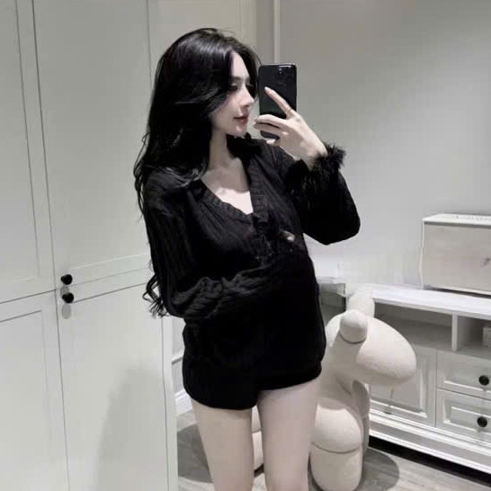 Set Bộ Cổ Tim Lông Tay  Ngắn KCloset Quần Short Mix Áo Thun Dài Tay Vải Cotton Mềm Mịn Nữ Tính