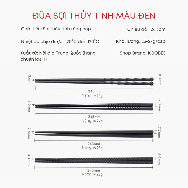 Bộ 10 Đôi Đũa Ăn Sợi Thủy Tinh Cao Cấp KOOBEE Không Mốc Kháng Khuẩn Chịu Nhiệt Màu Đen Nhật Bản Tối Giản | 273