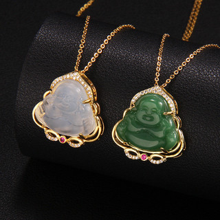 Bụng Lớn Maitreya Phật Vòng Cổ Nữ Giả Ngọc Lục Bảo Xanh Chalcedony Sen Tathagata Nữ Thép Titan Xương Đòn Dây Chuyền