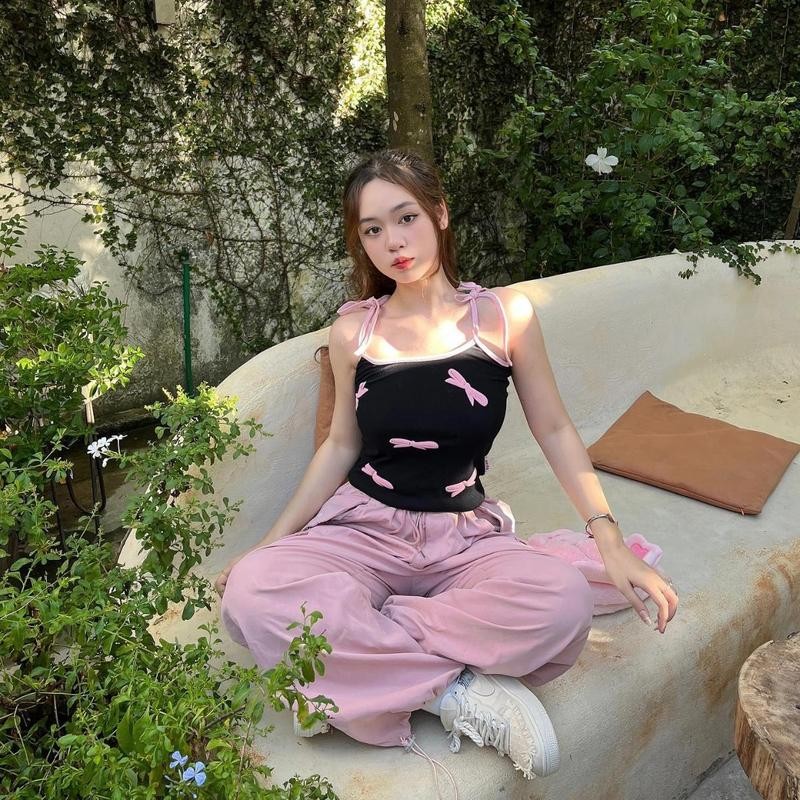 Áo 2 Dây Nữ Viền Kiểu PINKSTORE29 In Họa Tiết Hình Nơ Xinh Xắn A5829