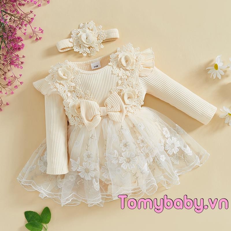 Bộ áo liền quần lưới ren chắp vá dài tay cho bé gái + Băng đô dễ thương