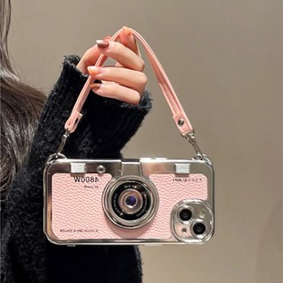 Sang Trọng 3D Camera Mạ Bạc Da Trắng Wrsit Dây Đeo Ốp Lưng Điện Thoại iPhone 17Promax 16Promax 12 13 14 15 Pro Max Chống Sốc Nữ Di Động Bao