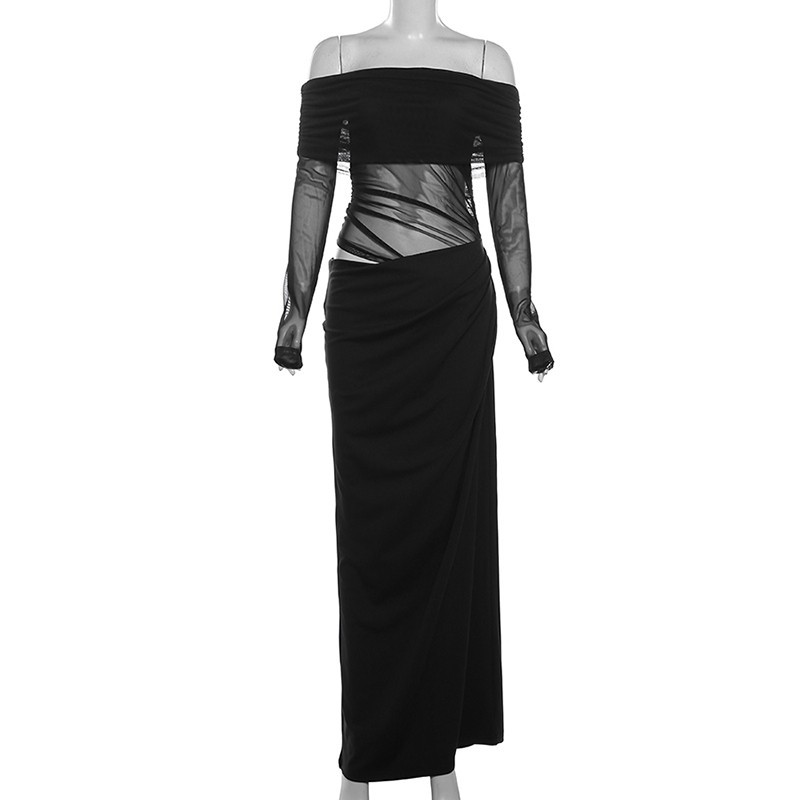Klalien Đầm Lưới Cổ Chém Chắc Chắn Skinny Chắp Vá Rỗng Ra Không Đều Tay Dài Hình Eo Hông-Cover Thời Trang Ngọt Ngào