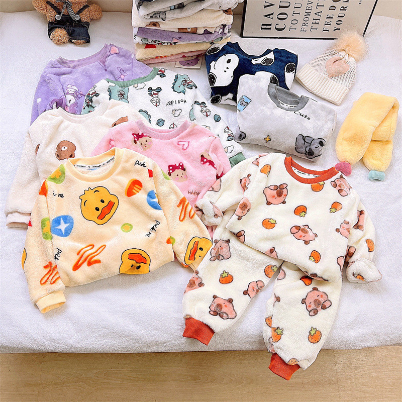 Phong Cách Mới Trẻ Em Homewear 90-160 Kích Thước Bộ Đồ Ngủ Trung Bình Lớn Trẻ Em Hoạt Hình Dễ Thương Dày Áo Chui Đầu Quần Áo Mùa Thu Quần Dài CQXS