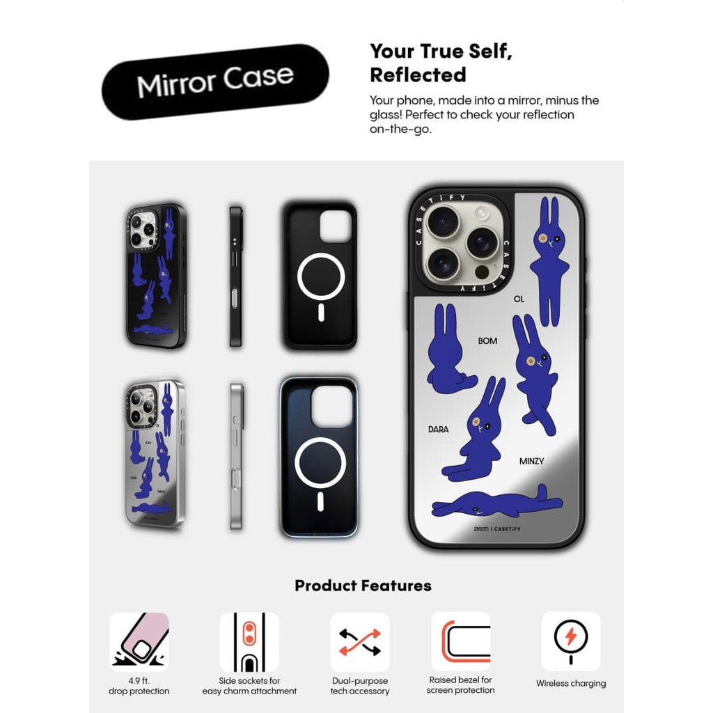 Casetify X 2NE1 T 'AMT 'AMI Sticker Case hút từ tính Vỏ IPhone gương đen & bạc IPhone 16 15 14 13 12 Pro Max Plus Ốp lưng cứng có hộp khắc logo