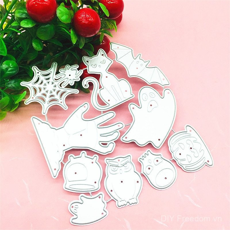 Khuôn cắt Halloween hình mèo ma, dơi, mạng nhện, khuôn cắt bằng thép carbon, khuôn dập nổi DIY, khuôn khắc, sổ lưu niệm, nghệ thuật giấy cho trẻ em