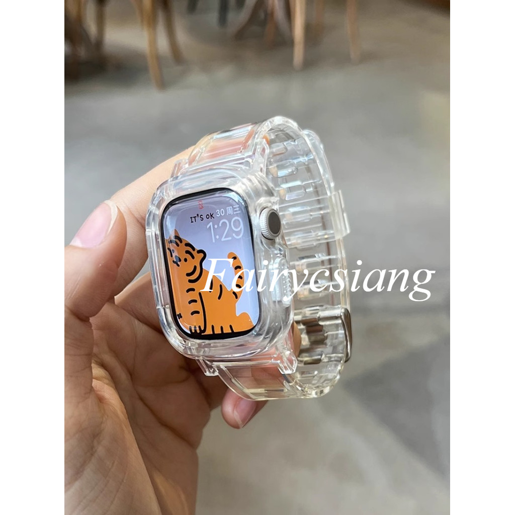 Dây đeo trong suốt + Vỏ cho Apple Watch Series 9 8 7 6 SE 5 45mm 44 42mm 41mm Trong suốt cho dây đeo nhựa iwatch 2 3 38 40mm