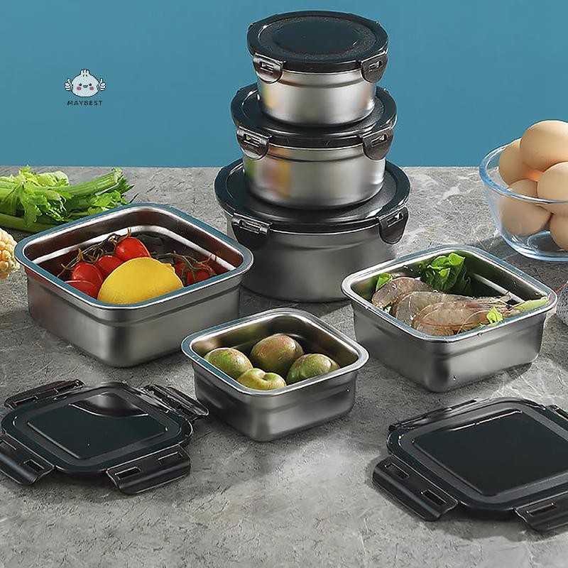 Maybest Hộp đựng thực phẩm bằng thép không gỉ Hộp giữ tươi Nắp kín giòn Bữa ăn trưa Chuẩn bị Bảo quản Tủ lạnh Bộ bếp Bát vuông tròn {VN}