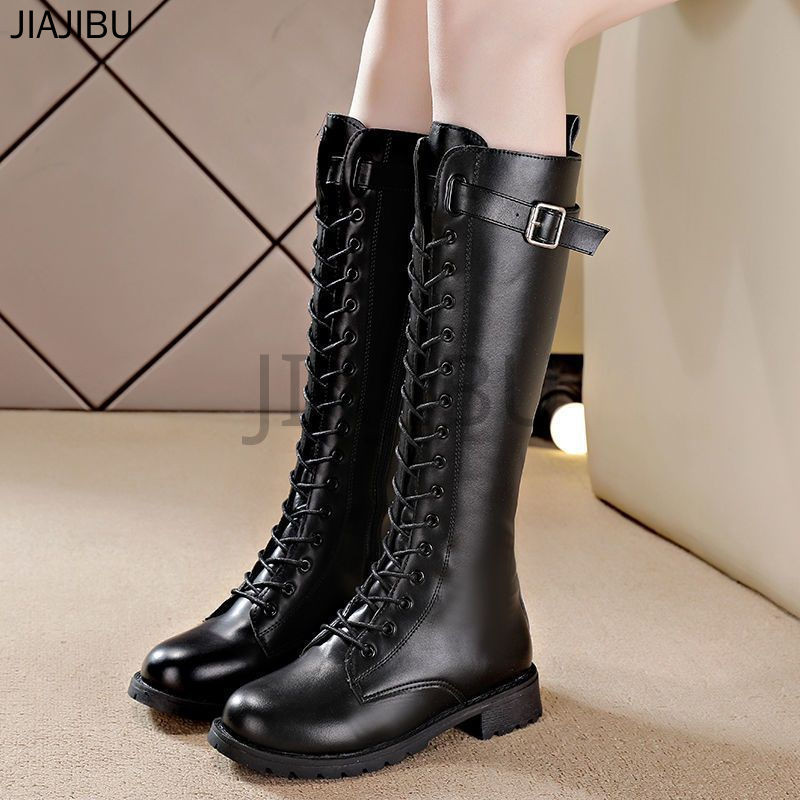 Size 35-43 Giày Bốt Martin Mũi Tròn Màu Đen Chống Trượt Phong Cách Anh Có Dây Buộc Giày Nữ Cỡ Lớn Giày Bốt Dài Gót Dày JK Phong Cách Retro Giản Dị Korean Fashion Platform Zipper Motorcycle Boots Giày Bốt Hiệp Sĩ Cosplay Nhật Bản