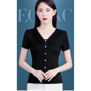 Đen Thời Trang Cao Cấp Top Nữ Cổ Chữ v Ice Silk Áo Thun Ngắn Tay Mùa Hè 2025 Phong Cách Mới Sang Trọng Nửa Tay