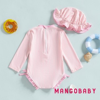 MG-Toddler Girls Rash Guard Đồ bơi có mũ 2 chiếc Bộ sọc họa tiết dài tay cổ tròn Đồ bơi bé gái