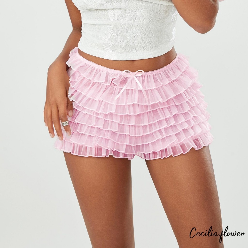 Nữ Mùa Hè Xù Quần Short Frilly Nhiều Lớp Lưới Quần Ngắn Ngọt Ngào Dễ Thương Bloomers