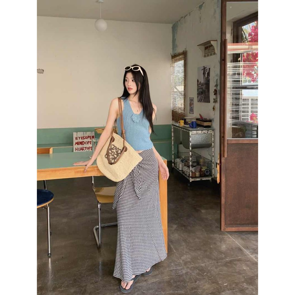 Áo camisole đan cổ V cho phụ nữ, áo khoác ngoài không tay ôm sát màu xanh mùa hè