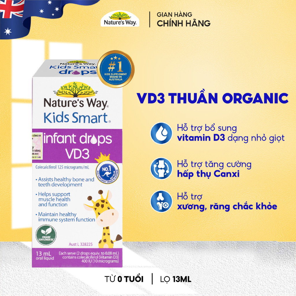 Vitamin D3 ORGANIC Nature’s Way, D3 Thuần Cho Trẻ Sơ Sinh Kids Smart Infant Drops VD3 - Hộp 13ml