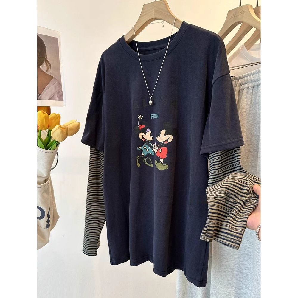 Áo phông ghép đôi dài tay kẻ sọc giả Size Lớn Hàn Quốc Milyfashion áo tôn dáng gầy rộng rãi mùa thu cho nữ