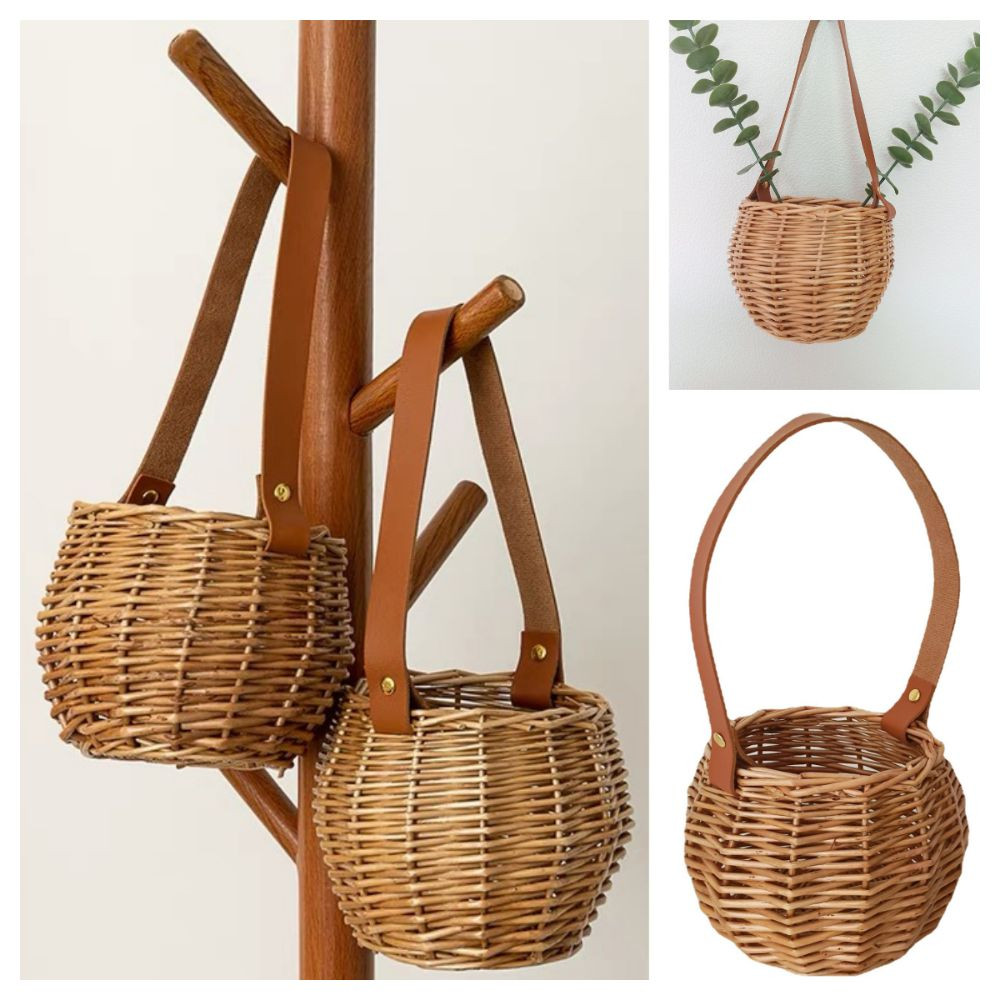 PWSSEND Dệt Chậu Hoa, Đạo Cụ Ảnh Màu Nâu Treo Giỏ Hoa, Sáng Tạo Trang Trí Nhà Cửa Thắt Lưng Pu Để Bàn Trang Trí Giỏ Chứa Đồ Ban Công Sân Thượng