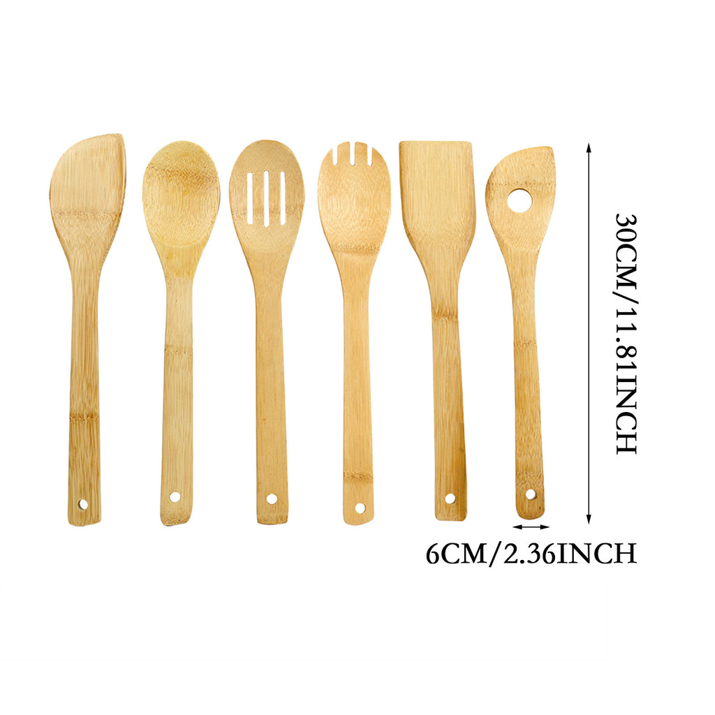 Dụng cụ nhà bếp nấu ăn bằng gỗ 6 món Bộ thìa gỗ lớn 11,5 Inch hữu cơ Nĩa và Turner để nấu ăn Bộ dụng cụ nhà bếp (6 bộ hỗn hợp)