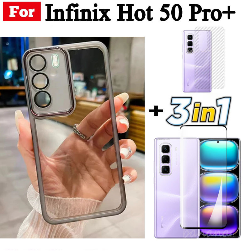 Ốp điện thoại trong suốt bằng silicon mềm TPU 3 trong 1 Infinix Hot 50 Pro + 4G có Camera bảo vệ mặt sau Infinix Note 40 Pro + Kính cường lực + Phim mặt sau