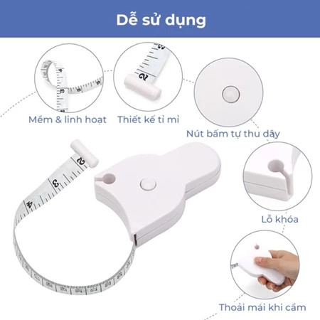 Thước Dây Đo Eo, Cơ Thể Hỗ Trợ Tập Thể Hình 1,5M - Bấm Tự Động Thu Gọn Tiện Lợi