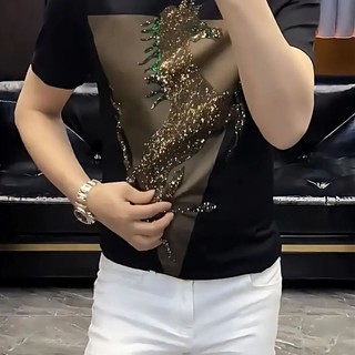 Station Street Wear Light Quần áo nam sang trọng 2023 Ice Silk Hot Diamond Áo thun ngắn tay Slim-Fit Đẹp trai Top 11.13