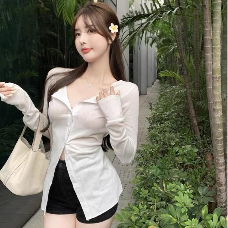 Áo Nữ Kiểu Tay Dài PINKSTORE29 Có Cúc Cài, Dáng Ôm Body, Cổ Kiểu Gợi Cảm A5557 Top Thun