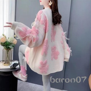 Áo len thêu gấu quá khổ dành cho nữ Áo len dài tay cổ tròn dệt kim Áo thun mùa thu