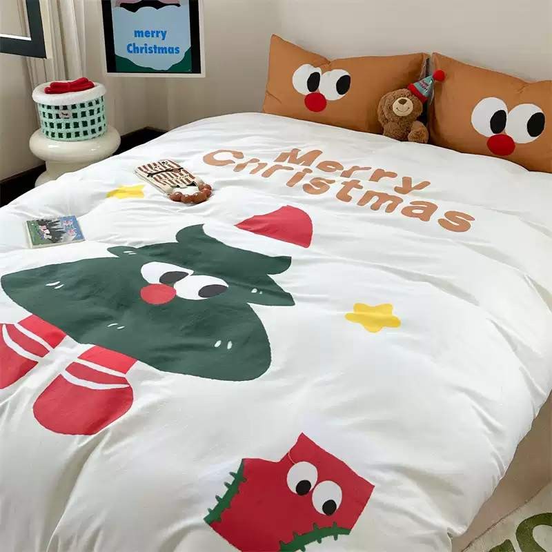 ST2 Giáng Sinh Bánh Gừng Người Cây 3IN1 Ga Trải Giường Chăn Vỏ Gối Bộ Chăn Ga Gối Nhà Phòng Ngủ Phù Hợp Với TS2