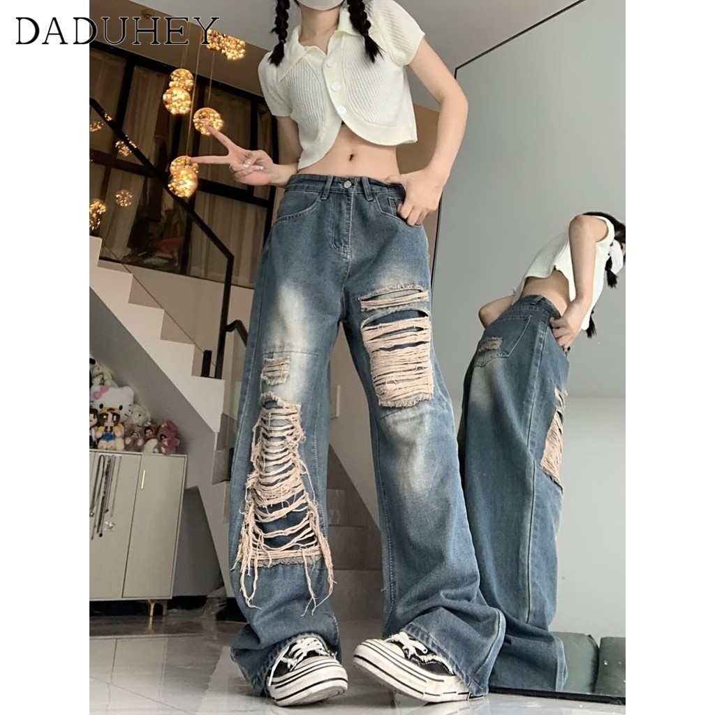 Ảnh DaDuHey New American Ins High Street Hip Hop Ripped Jeans Niche High Waist Loose Wide Leg Pants Trousers 2
