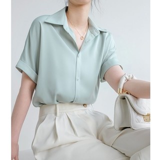 Áo Sơ Mi Kích Thước Lớn Nữ Cao Cấp Drape Top Thường Ngày Phù Hợp Với Voan Ngắn Tay Top Ve Áo Sơ Mi Bé Gái Thiết Kế Mùa Hè Niche Áo Sơ Mi Mỏng Size Vừa Lớn Quần Áo Nữ