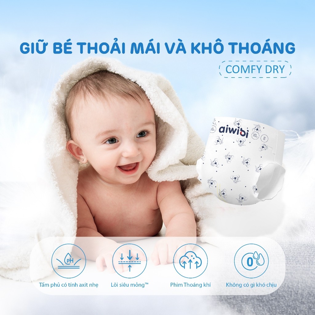 [Combo 2] Tã/Bỉm Dán Aiwibi Tiêu Chuẩn Cho Bé Thoáng Khí, Thấm Hút Nhanh - Gói Lớn S/M/L/XL
