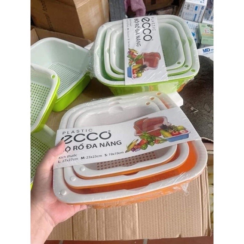 Bộ thau rổ nhựa vuông 6 món Ecoco, Bộ rổ nhựa Việt Nhật dày đẹp [Giao Màu Ngẫu Nhiên]