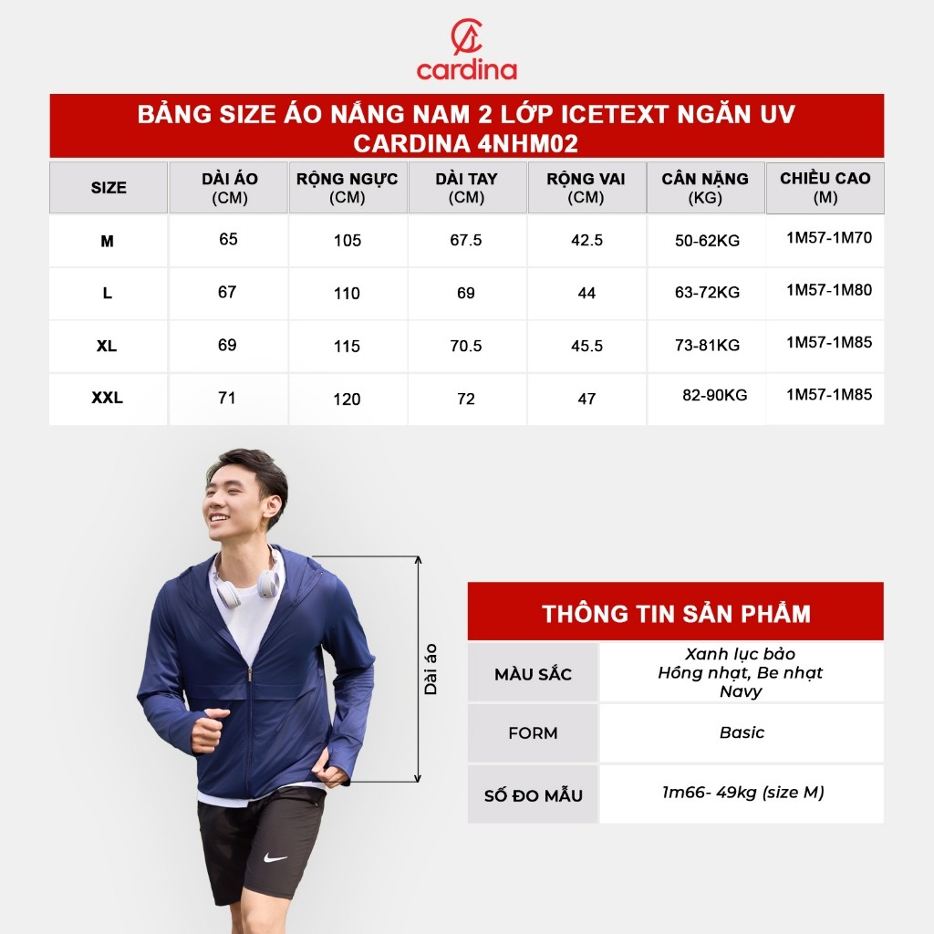 Áo chống nắng nam Cardina 2 lớp chất liệu ice text ngăn UV thoáng mát không nhăn 4NHM02