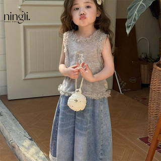 Áo vest ren gấu cho bé gái, quần denim ống rộng, quần dài