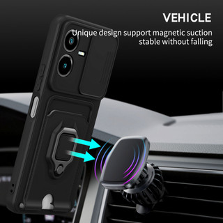 Dành Cho Vivo Y22s / Y22 4G Ốp Lưng 4 Trong 1 Trượt Camera Bao Đựng Thẻ Đứng Vuông Freebie Dây Chống Sốc Chống Rơi Mỏng Mềm TPU Cover